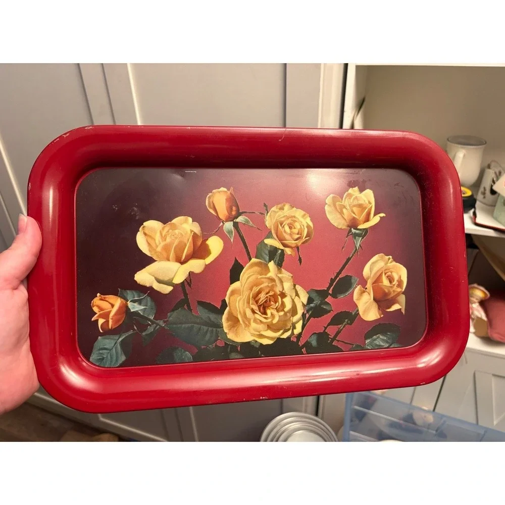 Vintage Metal Serving Tray Yellow Roses Floral Red Rim Rectangular Tin Toleware